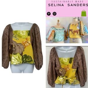 Selina Sanders Custom Made Barkcloth Hand Dyed Floral Top Bandana Sleeves NWOT